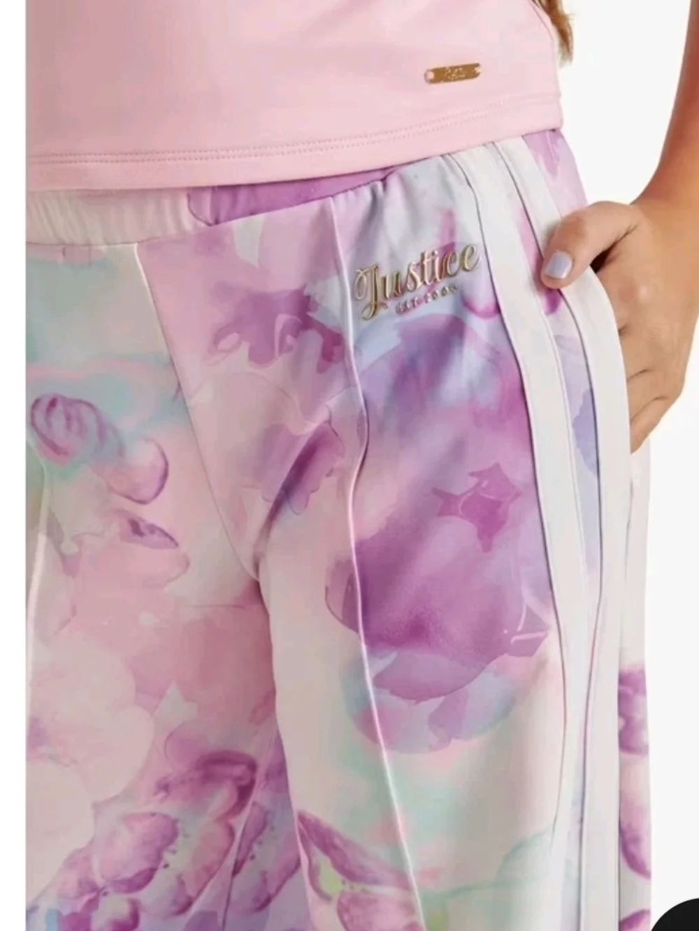 Justice Pastel Watercolor Wide-Leg Track Pants - Pink, Purple, Blue